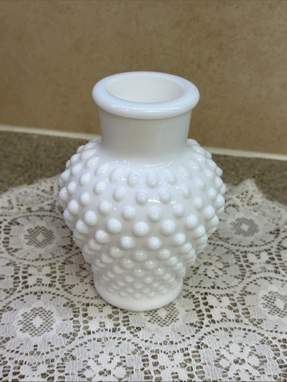 Vintage White Hobnail Milk Glass Bulbous Bottle/Vase - UV Glow